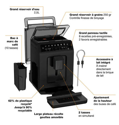 Machine à café à grain Élégance, 8 boissons, Écran tactile